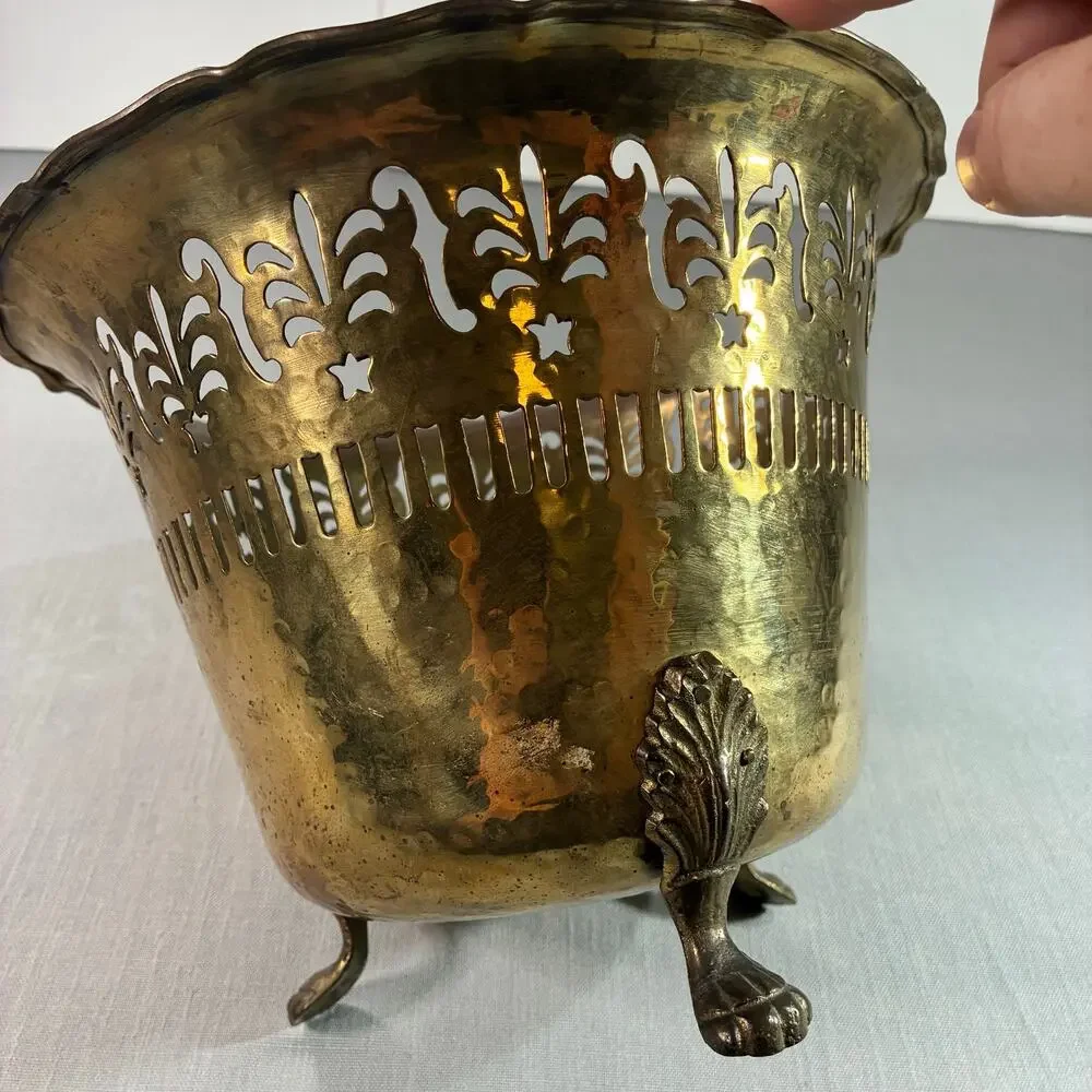Vintage Solid Brass Planter Cachepot Jardiniere Pierced Footed Made In India